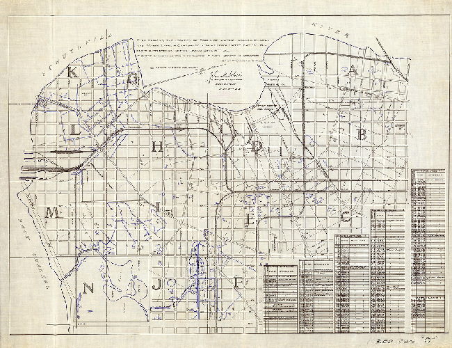 Plan (alternate image), Plan showing the location of pools of water, creeks, ditches & marsh lands, in area bounded by Broad St. on the east, the Schuylkill River on the west, Reed St. on the north and Government and Schuylkill Aves. on the South