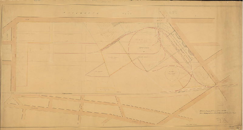 Plan, [No title. Plan for passenger railroad station at Elm Avenue and Belmont Avenue. "Between Penna. R.R. and Elm Avenue from Belmont Av. to 52nd Street content is 106 A."]