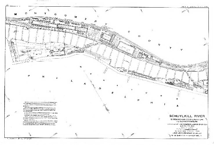 Plan, Schuylkill River. Wissahickon Creek, Phila., Pa. to Norristown, Pa. Surveyed by J. W. Thompson, Junior Engineer, Aug. to Dec. 1913. L. D. Shuman, Assistant Engineer. In 18 sheets. [Includes Index map (Sheet 14), descriptions of triangulation stations (Sheets 15, 16 and 17) and Freshet Data (Sheet 18) listing all the major floods affecting this section of the river to 1913.]