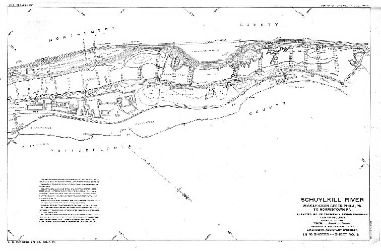 Plan, Schuylkill River. Wissahickon Creek, Phila., Pa. to Norristown, Pa. Surveyed by J. W. Thompson, Junior Engineer, Aug. to Dec. 1913. L. D. Shuman, Assistant Engineer. In 18 sheets. [Includes Index map (Sheet 14), descriptions of triangulation stations (Sheets 15, 16 and 17) and Freshet Data (Sheet 18) listing all the major floods affecting this section of the river to 1913.]