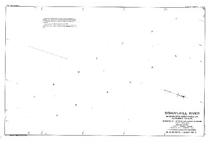 Plan, Schuylkill River. Wissahickon Creek, Phila., Pa. to Norristown, Pa. Surveyed by J. W. Thompson, Junior Engineer, Aug. to Dec. 1913. L. D. Shuman, Assistant Engineer. In 18 sheets. [Includes Index map (Sheet 14), descriptions of triangulation stations (Sheets 15, 16 and 17) and Freshet Data (Sheet 18) listing all the major floods affecting this section of the river to 1913.]