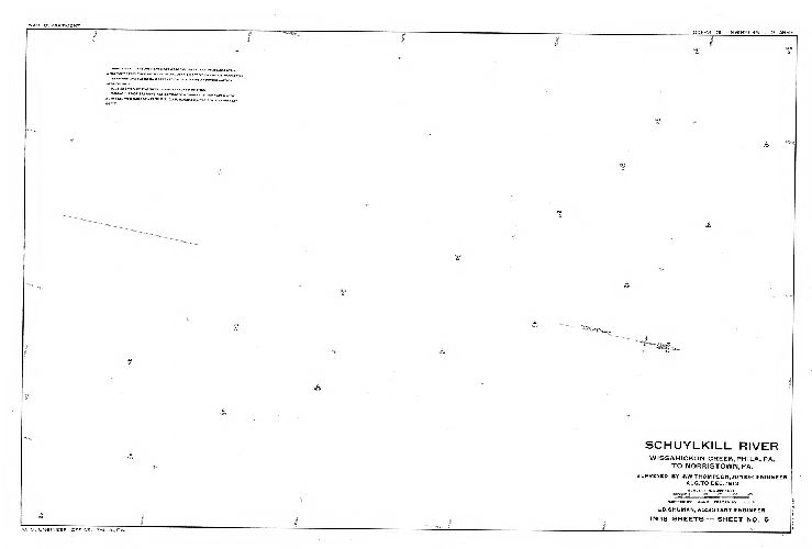 Plan, Schuylkill River. Wissahickon Creek, Phila., Pa. to Norristown, Pa. Surveyed by J. W. Thompson, Junior Engineer, Aug. to Dec. 1913. L. D. Shuman, Assistant Engineer. In 18 sheets. [Includes Index map (Sheet 14), descriptions of triangulation stations (Sheets 15, 16 and 17) and Freshet Data (Sheet 18) listing all the major floods affecting this section of the river to 1913.]