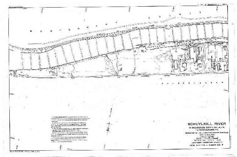 Plan, Schuylkill River. Wissahickon Creek, Phila., Pa. to Norristown, Pa. Surveyed by J. W. Thompson, Junior Engineer, Aug. to Dec. 1913. L. D. Shuman, Assistant Engineer. In 18 sheets. [Includes Index map (Sheet 14), descriptions of triangulation stations (Sheets 15, 16 and 17) and Freshet Data (Sheet 18) listing all the major floods affecting this section of the river to 1913.]
