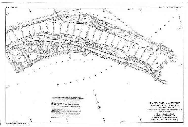 Plan, Schuylkill River. Wissahickon Creek, Phila., Pa. to Norristown, Pa. Surveyed by J. W. Thompson, Junior Engineer, Aug. to Dec. 1913. L. D. Shuman, Assistant Engineer. In 18 sheets. [Includes Index map (Sheet 14), descriptions of triangulation stations (Sheets 15, 16 and 17) and Freshet Data (Sheet 18) listing all the major floods affecting this section of the river to 1913.]