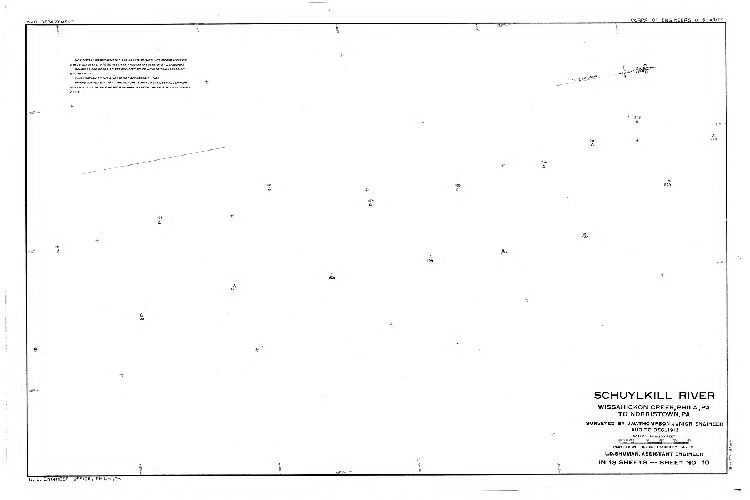 Plan, Schuylkill River. Wissahickon Creek, Phila., Pa. to Norristown, Pa. Surveyed by J. W. Thompson, Junior Engineer, Aug. to Dec. 1913. L. D. Shuman, Assistant Engineer. In 18 sheets. [Includes Index map (Sheet 14), descriptions of triangulation stations (Sheets 15, 16 and 17) and Freshet Data (Sheet 18) listing all the major floods affecting this section of the river to 1913.]