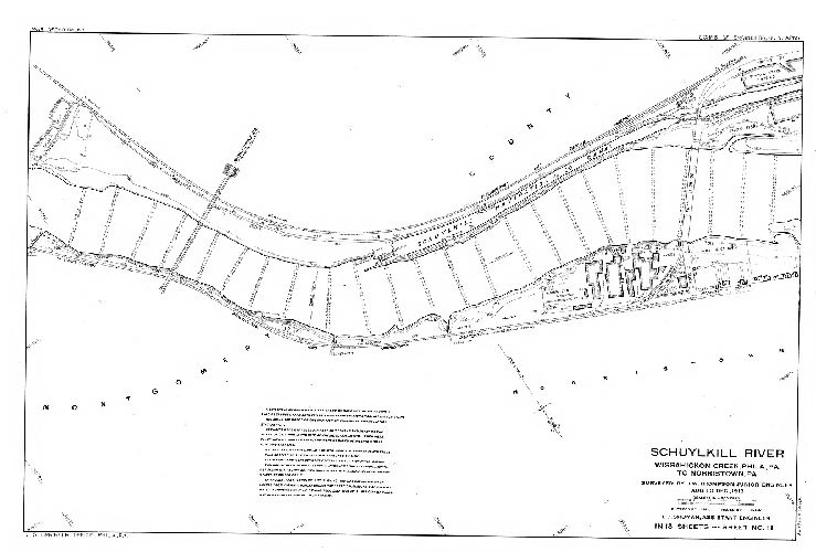 Plan, Schuylkill River. Wissahickon Creek, Phila., Pa. to Norristown, Pa. Surveyed by J. W. Thompson, Junior Engineer, Aug. to Dec. 1913. L. D. Shuman, Assistant Engineer. In 18 sheets. [Includes Index map (Sheet 14), descriptions of triangulation stations (Sheets 15, 16 and 17) and Freshet Data (Sheet 18) listing all the major floods affecting this section of the river to 1913.]