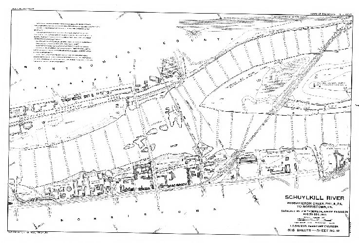 Plan, Schuylkill River. Wissahickon Creek, Phila., Pa. to Norristown, Pa. Surveyed by J. W. Thompson, Junior Engineer, Aug. to Dec. 1913. L. D. Shuman, Assistant Engineer. In 18 sheets. [Includes Index map (Sheet 14), descriptions of triangulation stations (Sheets 15, 16 and 17) and Freshet Data (Sheet 18) listing all the major floods affecting this section of the river to 1913.]