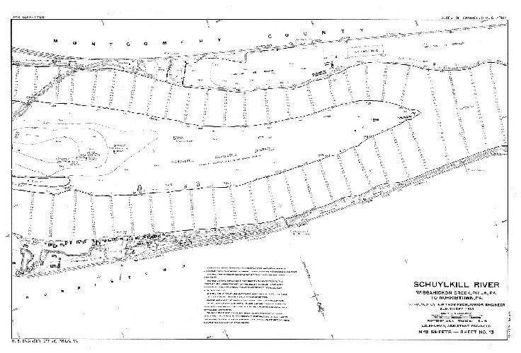 Plan, Schuylkill River. Wissahickon Creek, Phila., Pa. to Norristown, Pa. Surveyed by J. W. Thompson, Junior Engineer, Aug. to Dec. 1913. L. D. Shuman, Assistant Engineer. In 18 sheets. [Includes Index map (Sheet 14), descriptions of triangulation stations (Sheets 15, 16 and 17) and Freshet Data (Sheet 18) listing all the major floods affecting this section of the river to 1913.]