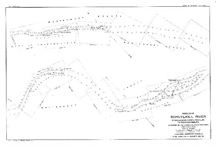Plan, Schuylkill River. Wissahickon Creek, Phila., Pa. to Norristown, Pa. Surveyed by J. W. Thompson, Junior Engineer, Aug. to Dec. 1913. L. D. Shuman, Assistant Engineer. In 18 sheets. [Includes Index map (Sheet 14), descriptions of triangulation stations (Sheets 15, 16 and 17) and Freshet Data (Sheet 18) listing all the major floods affecting this section of the river to 1913.]