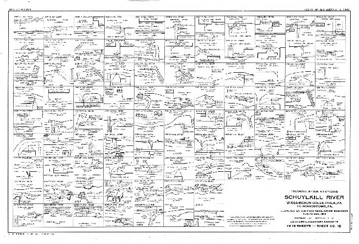 Plan, Schuylkill River. Wissahickon Creek, Phila., Pa. to Norristown, Pa. Surveyed by J. W. Thompson, Junior Engineer, Aug. to Dec. 1913. L. D. Shuman, Assistant Engineer. In 18 sheets. [Includes Index map (Sheet 14), descriptions of triangulation stations (Sheets 15, 16 and 17) and Freshet Data (Sheet 18) listing all the major floods affecting this section of the river to 1913.]