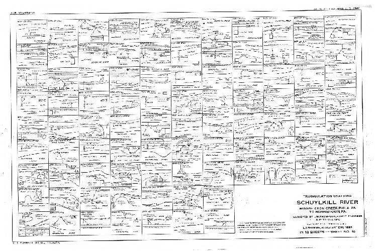 Plan, Schuylkill River. Wissahickon Creek, Phila., Pa. to Norristown, Pa. Surveyed by J. W. Thompson, Junior Engineer, Aug. to Dec. 1913. L. D. Shuman, Assistant Engineer. In 18 sheets. [Includes Index map (Sheet 14), descriptions of triangulation stations (Sheets 15, 16 and 17) and Freshet Data (Sheet 18) listing all the major floods affecting this section of the river to 1913.]