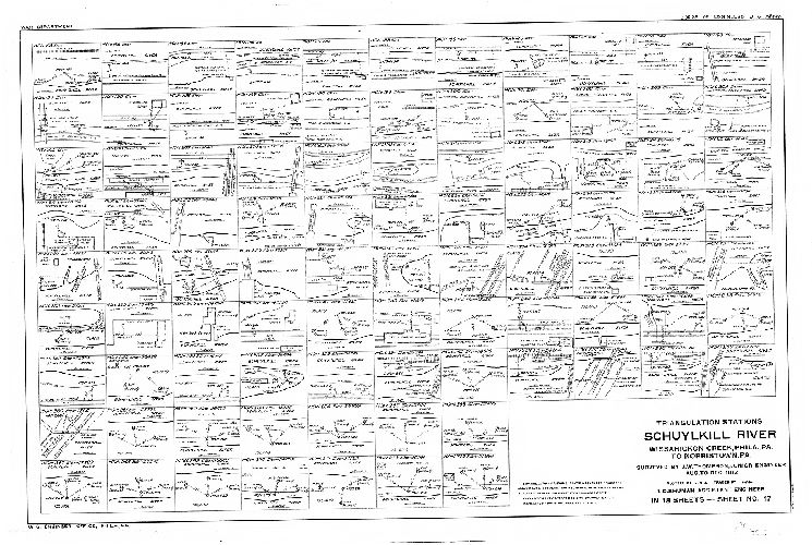 Plan, Schuylkill River. Wissahickon Creek, Phila., Pa. to Norristown, Pa. Surveyed by J. W. Thompson, Junior Engineer, Aug. to Dec. 1913. L. D. Shuman, Assistant Engineer. In 18 sheets. [Includes Index map (Sheet 14), descriptions of triangulation stations (Sheets 15, 16 and 17) and Freshet Data (Sheet 18) listing all the major floods affecting this section of the river to 1913.]