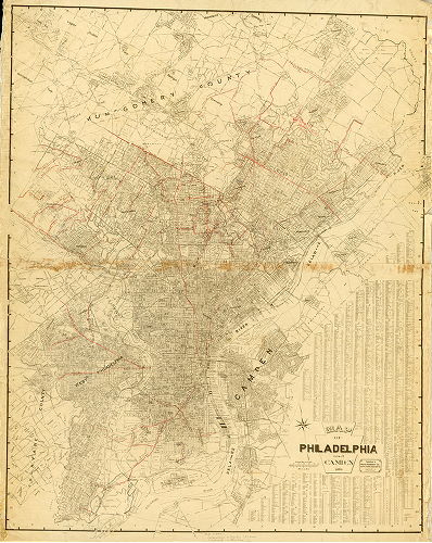 Plan (alternate image), Map of Philadelphia and Camden … Mack Publishing Co. Copyright 1929 by Geo. R. Mackenzie. [Old roads in Philadelphia overdrawn in red, with date of opening, date vacated, width, and road docket numbers in black ink] 