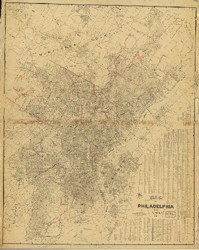 Plan, Map of Philadelphia and Camden … Mack Publishing Co. Copyright 1929 by Geo. R. Mackenzie. [Old roads in Philadelphia overdrawn in red, with date of opening, date vacated, width, and road docket numbers in black ink] 