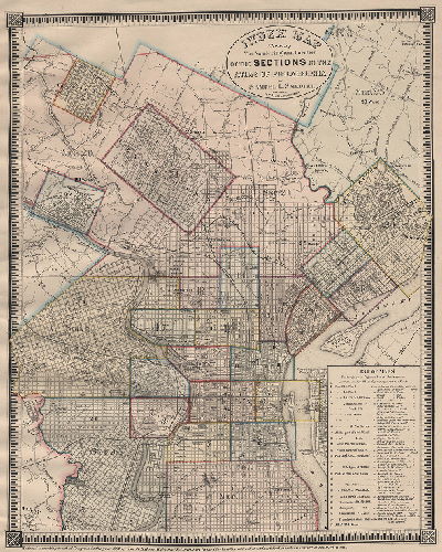 Plan, Index Map showing the numbering and location of the sections in the Atlas of Philadelphia by Samuel L. Smedley, City Surveyor, 35th St. and Lancaster Ave.