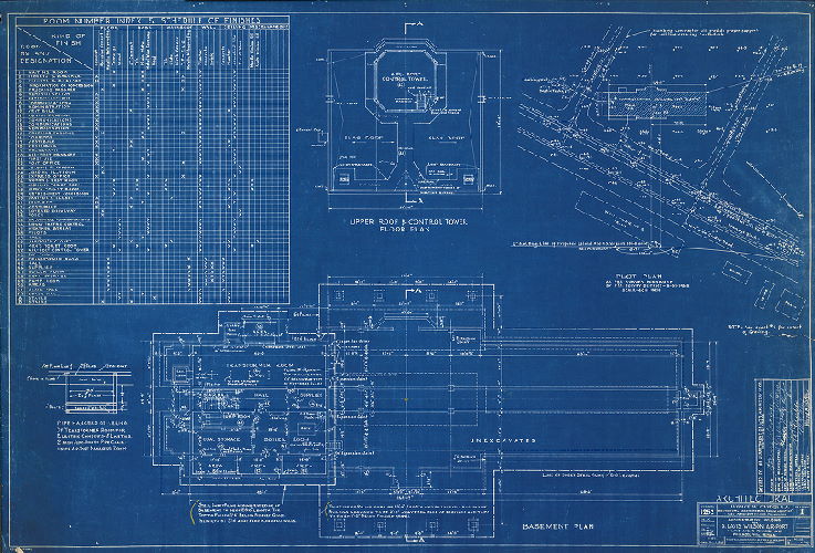 Plan, Administration building for S. Davis Wilson Air-Port, Island Ave. & Penrose Ave., Philadelphia, Penna. Building 1252, Drawing 1. Architectural. Upper roof and control tower, floor plan, basement plan, and plot plan. Horace W. Castor, R.A. Date: Aug 30, 1938. Revised by the Department of City Architecture, Oct. 26, 1938. 