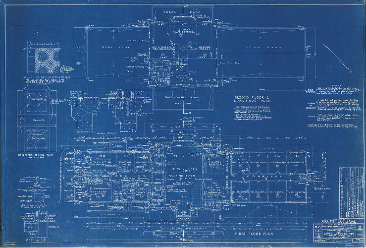 Plan, Administration building for S. Davis Wilson Air-Port, Island Ave. & Penrose Ave., Philadelphia, Penna. Building 1252, Drawing 2. Architectural. First floor, second floor, and lower roof plans, and detail of decorated ceiling. Horace W. Castor, R.A. Date: Aug 30, 1938. Revised by the Department of City Architecture, Oct. 26, 1938. 
