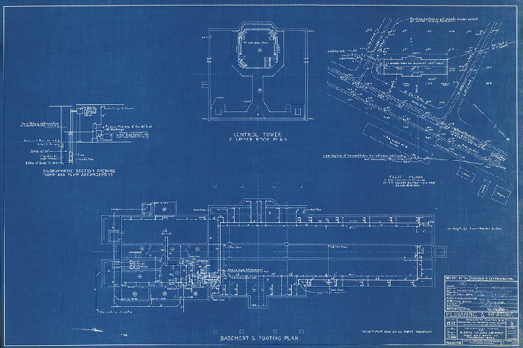 Plan, Administration building for S. Davis Wilson Air-Port, Island Ave. & Penrose Ave., Philadelphia, Penna. Building 1252, Drawing 8. Plumbing and heating plans, including sump and pump arrangement. Horace W. Castor, R.A. Date: Aug 30, 1938. Revised by the Department of City Architecture, Oct. 26, 1938. 