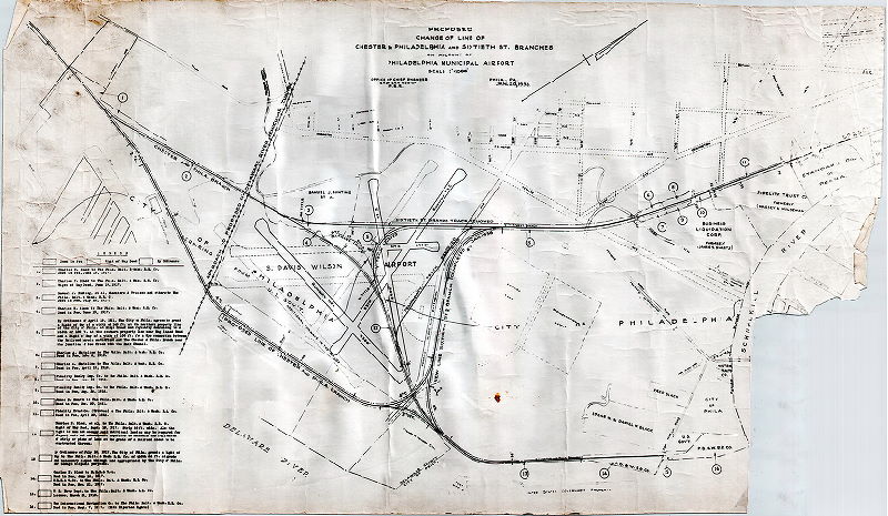 Plan, Proposed change of line of Chester & Philadelphia and Sixtieth St. branches on account of Philadelphia Municipal Airport. Office of Chief Engineer, Eastern Region, P.R.R. [Philadelphia and Reading Railroad]