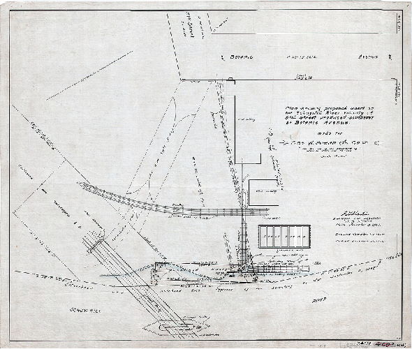 Plan, Plan showing proposed wharf on the Schuylkill River, vicinity of 51st Street produced southeast of Botanic Avenue, made for Geo. W. Smith and Co., for use of the Department of Wharves, Docks and Ferries.