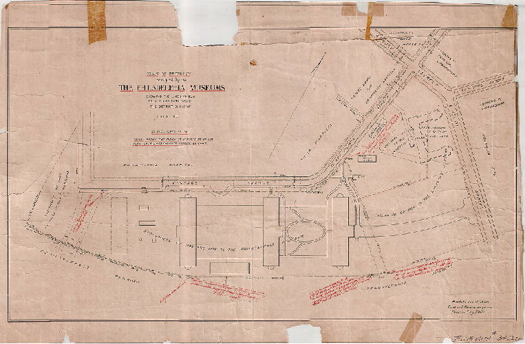 Plan, Plan of property occupied by the Philadelphia Museums showing the lines as run from plans furnished by the District Surveyor. July 6, 1907