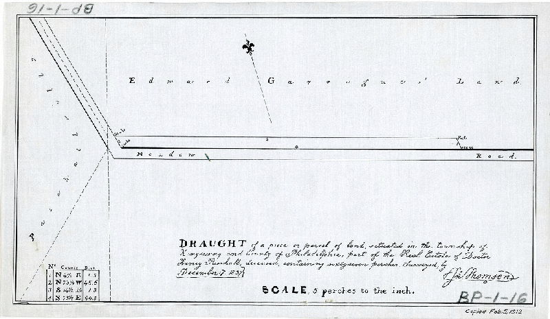 Plan, Draught of a piece or parcel of land, situated in the township of Kingsessing and County of Philadelphia, part of the Real Estate of Doctor Henry Paschall, deceased, containing sixty-seven [perches. Surveyed by Jno. Thomson December 7, 1837. [Tracing copy made in 1912]