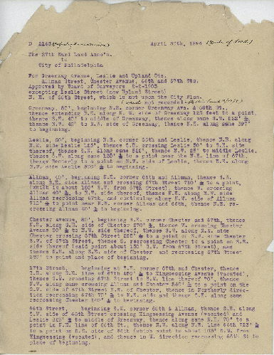 Plan, D 2163 (Registry Bureau number) April 30th, 1894 (Date of Deed) The 27th Ward Land Asso'n. to City of Philadelphia, for Greenway Avenue, Leslie and Upland Sts., Allman St., Chester Ave., 66th and 67th Sts. Approved by Board of Surveyors 2-2-1903, excepting Leslie Street (now Upland Street) N.E. of 66th St., which is not upon the City Plan. (Deed not recorded up to this time 3/28/18)