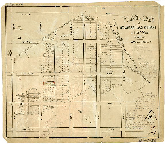 Plan, Plan of lots of the Delaware Land Company in the 24th Ward Philadelphia. B. H. Haines 427 Walnut St.