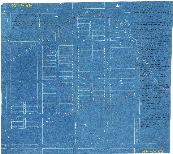 Plan, [Blueprint probably made from tracing of SD7th-BP1-56, "plan of lots of the Delaware Land Company," and including many additions in ink, including deed extracts different from those added to original plan