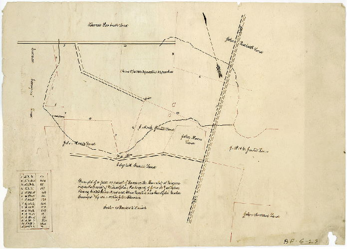 Plan, Draught of a piece or parcel of land in the township of Kingsessing in the County of Philadelphia, the property of John M. Justis, containing eighty acres and three-quarters and twenty-six perches. Surveyed Fby. 12 + 13, 1838 by Jno. Thomson.