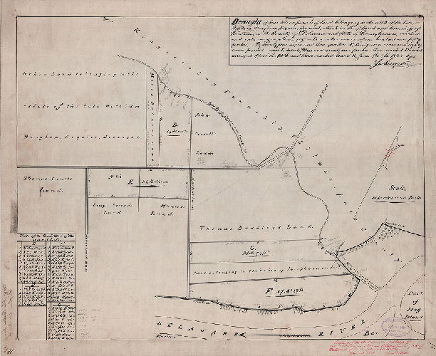 Plan, Draught of four lots or parcels of land belonging to the estate of the late William Bingham Esquire, deceased, situate in the Island and township of Tinicum, in the County of Delaware and State of Pennsylvania…June the 6th 1825, by Jno. Thomson [Tracing copy likely made by William H. Jones in 1884]