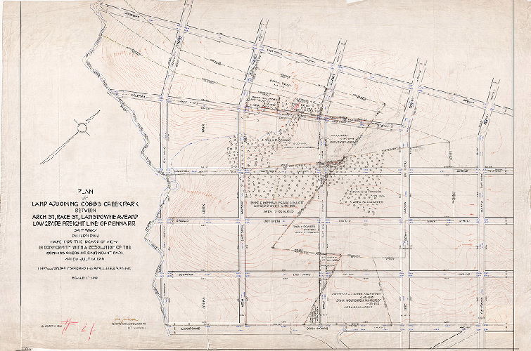 Plan, Plan of land adjoining Cobbs Creek Park between Arch St. , Race St. Lansdowne Ave. and low grade freight line of Penna. R.R. 34th ward Philadelphia. Made for the Board of View in conformity with a resolution of the Commissioners of Fairmount Park. Dated July 13, 1916. Lines and grades confirmed Jan. 4, 1909, June 1, 1914, March 3, 1916. 