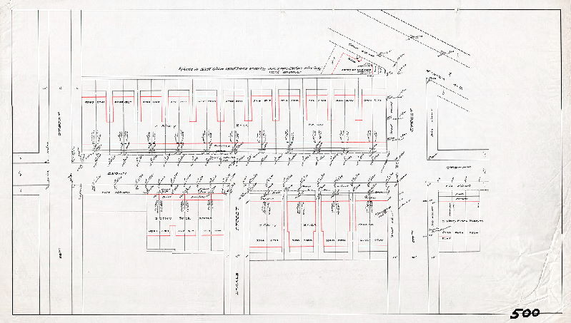 Plan, [No title. Plan attached to SD7th-P15-F2-500, showing detailed "conditions existing Jan. 2, 1901:--before stating work on sewer." All the figures are "low" which indicates settling of the filled land on which the houses were built.]