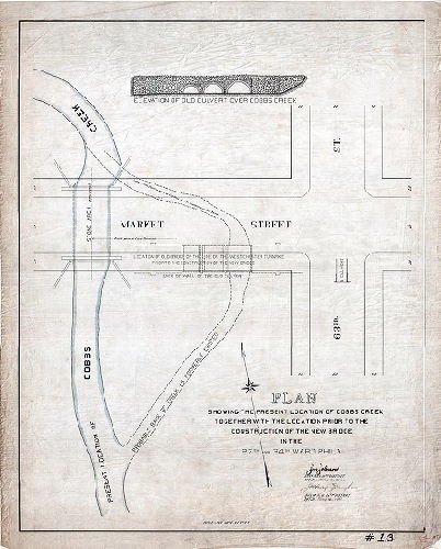 Plan, Plan showing the present location of Cobbs Creek together with the location prior to the construction of the new bridge in the 27th and 34th Ward Phila. 