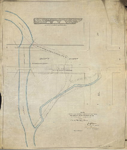Plan, Plan showing the present location of Cobbs Creek, together with the location prior to the construction of the new bridge in the 27th and 34th Ward Phila. [See also SD7th-B-588]
