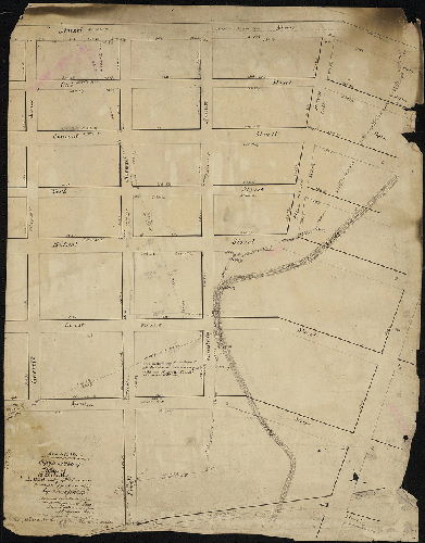 Plan, Plan of E L I M [?] in the county of Delaware, surveyed 7 mo 20th 1860 by Joseph Fox. [Property of Joseph Powell, showing proposed street grid.]