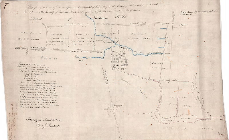 Plan, Draft of a tract of land lying in the Township of Kingsessing in the County of Philadelphia and the State of Pennsylvania, the property of Benjamin Paschall, containing eighty-two acres twenty perches of land. Surveyed April 30th 1811. Thos. J. Paschall