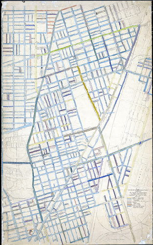 Plan (adjusted), Plan colored to show character of cartway paving compiled from office records and field examinations. Feb. 13, 1912. Cartway widths shown in black. Small alleys and courts not shown. 