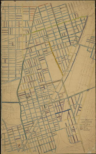 Plan, Plan colored to show character of cartway paving compiled from office records and field examinations. Feb. 13, 1912. Cartway widths shown in black. Small alleys and courts not shown. 