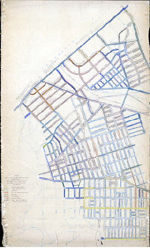 Plan, Plan colored to show character of cartway paving compiled from office records and field examinations. Feb. 13, 1912. Cartway widths shown in black. Small alleys and courts not shown.