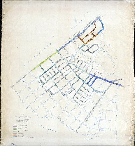 Plan, Plan colored to show character of cartway paving compiled from office records and field examinations. Feb. 13, 1912. Cartway widths shown in black. Small alleys and courts not shown.