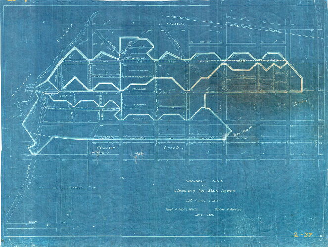Plan, Drainage area of Woodland Ave. Main Sewer. 12th Survey District. Dept. of Public Works, Bureau of Surveys, June 1896