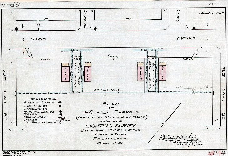 Plan, Plan of small parks (dedicated by U.S. Shipping Board) made for lighting survey, Department of Public Works, Fortieth Ward, Philadelphia