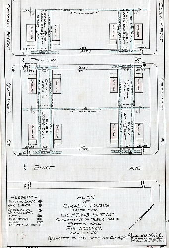 Plan, Plan of small parks made for lighting survey, Department of Public Works, Fortieth Ward, Philadelphia. (Dedicated by U.S. Shipping Board)