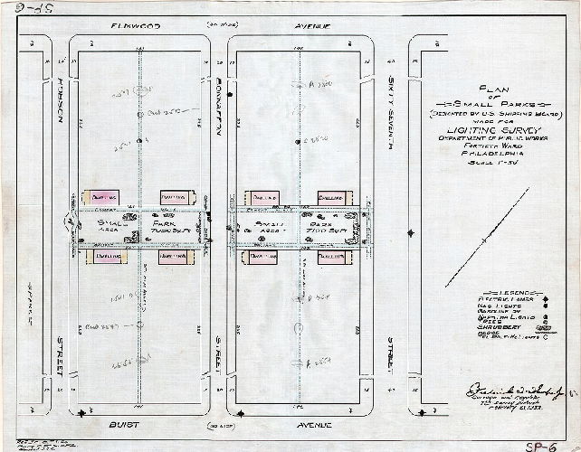 Plan, Plan of small parks (dedicated by U.S. Shipping Board) made for lighting survey, Department of Public Works, Fortieth Ward, Philadelphia
