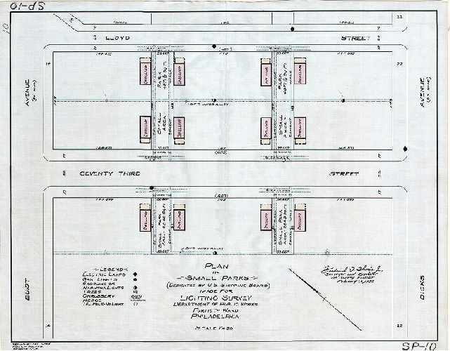Plan, Plan of small parks (dedicated by U.S. Shipping Board) made for lighting survey, Department of Public Works, Fortieth Ward, Philadelphia