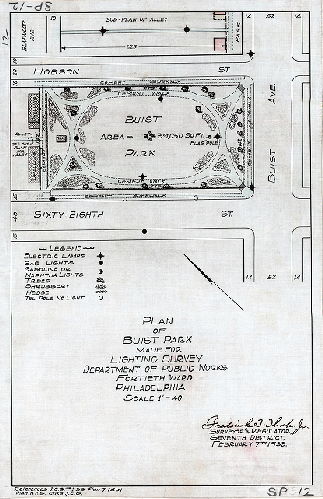 Plan, Plan of Buist Park made for lighting survey, Department of Public Works, Fortieth Ward, Philadelphia