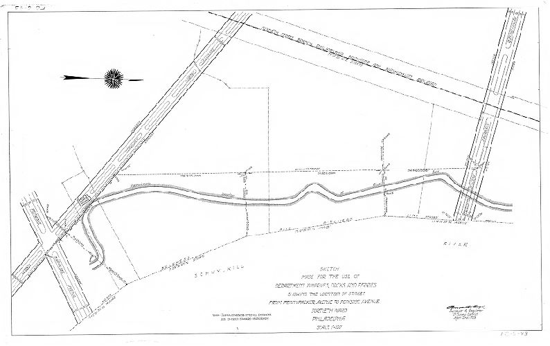Plan, Sketch made for the use of the Department Wharves, Docks and Ferries showing the location of stakes from Pennypacker Avenue to Penrose Avenue. Fortieth Ward, Philadelphia