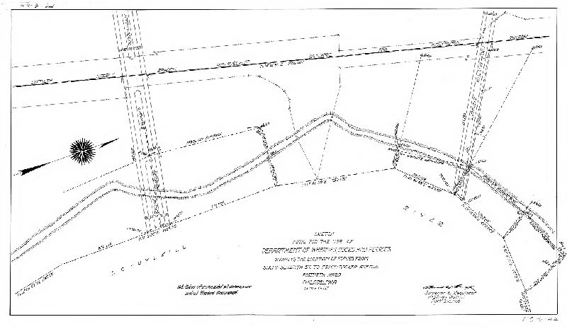 Plan, Sketch made for the use of the Department Wharves, Docks and Ferries showing the location of stakes from Sixth-seventh St. to Pennypacker Avenue. Fortieth Ward, Philadelphia