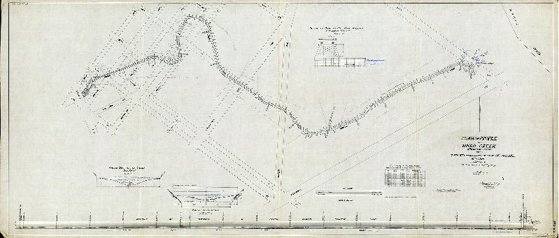 Plan (alternate image), Plan and profile of Mingo Creek (Drainage Canal) from 74th St. (Mingo Pumping Station) to Island Ave. 40th Ward, Philadelphia. Made for the Bureau of Highways